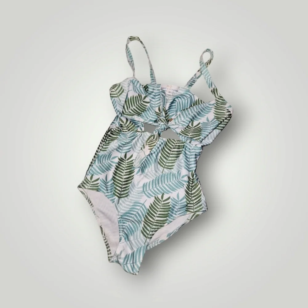 Bailey's Blossoms Tie Front Tropical Green Leaf Swimsuit 4t